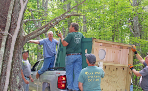 Squeezing in the outhouse Aug. 30, from left: Jack Witham, Al Cowperthwaite, Pat Sirois, Scott Pease and John Starrett.